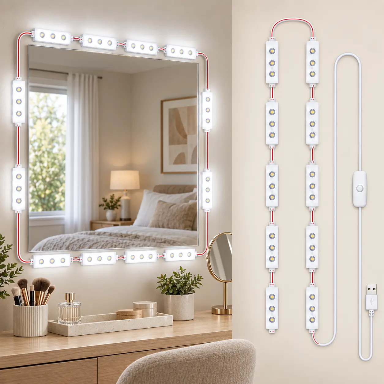 12PCS Vanity Mirror Lights, 6500K USB LED Makeup Mirror Light Kit with Peel-and-Stick Modules & On/Off Switch for Full-Length Mirror, Dressing Mirror, Salon & Bedroom