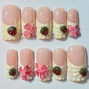 T51 Lynn Dessert Kawaii Press-On Nails, 3D Cherries & Cream Flowers, Soft Pink Vanilla Glaze, Custom Handmade, Sweet Vibes, Gift for Her