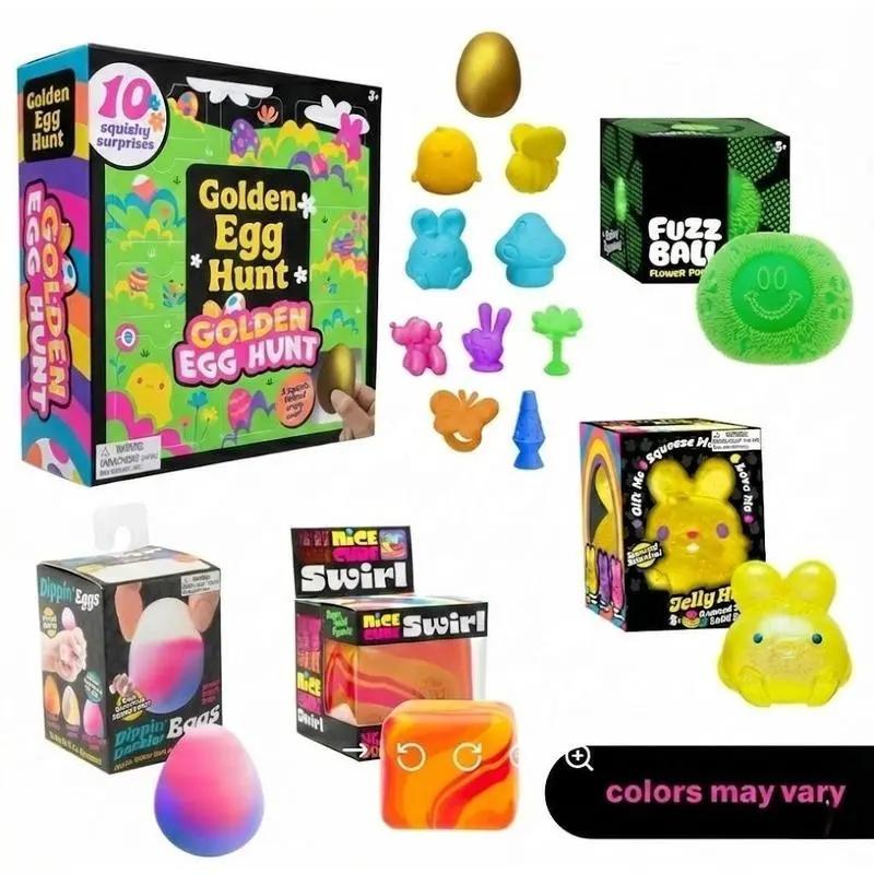 Golden Egg Hunt Easter Bundle - Squishy Easter Fun Set Toys -Various Textures and Fillings - Ages 3 and Up - Bundle of 5 Nice Toys