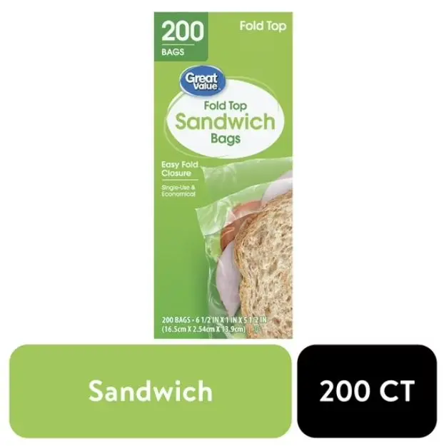 Great Value Fold Top Sandwich Bags, 200 Count