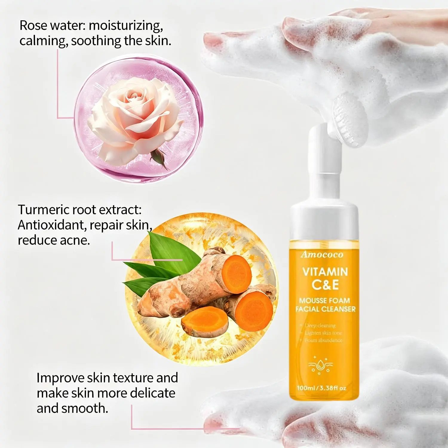 Turmeric  and Kojic AcidFoaming Facial Cleanser and Silicone BrushCleansing Skincare  Gentle Face Wash Deep cleansing of the skin for repairing sensitive