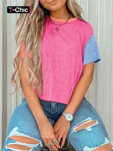Women's Colorblock Striped Print Tee, Casual Short Sleeve Round Neck Fitted T-shirt for Summer, Ladies Clothes for Daily Wear, Cute Tops