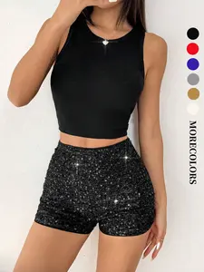 Women's Sequin Decor High Waist Skinny Pants, Casual Shorts with Zipper Closure, Spring Summer Fall Fashion, Slim Fit Design, Womenswear, Bottom