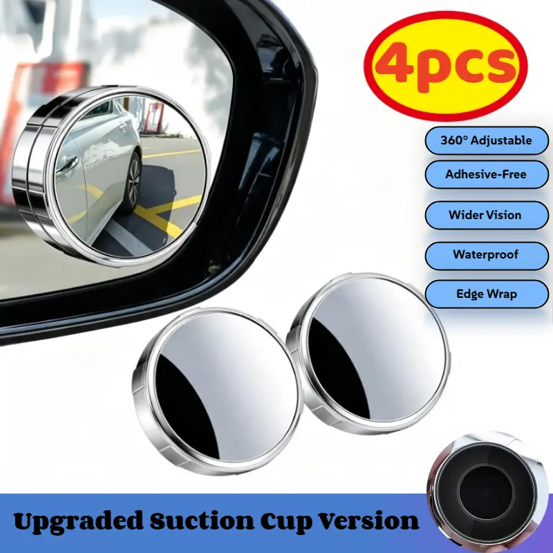 Car Blind Spot Mirror Set, 4-Piece 2-in Wide Angle Silver Circular Convex Glass with Frame, Suction Cups Mount Easy Installation, 360-Degree Adjustable for Better Visibility, Rearview Accessory for Cars SUVs Driving Safety Precise Positioning campingessen