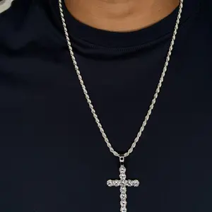 Rhodium Plated 925 Silver Bubble Cross Pendant with Rope Chain for Men