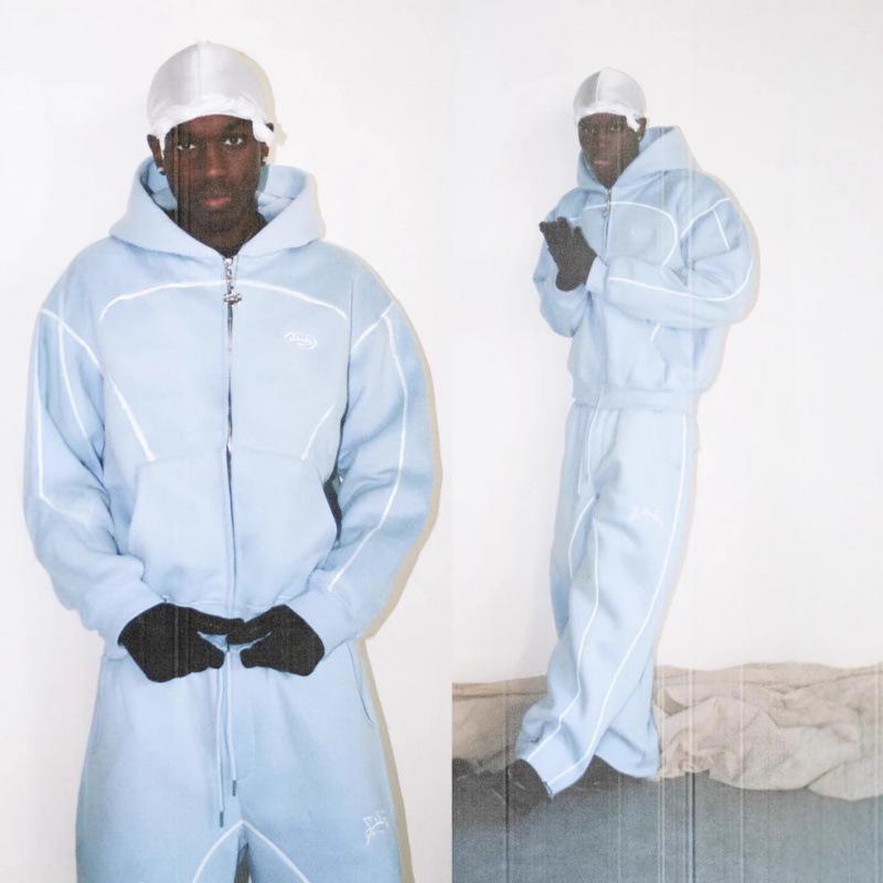 2026 Fashion Loose Sweatshirt and Sweatpants ,Hip Hop Street Style Unisex Zipper Hooded Jacket Set black logo