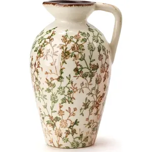 Green and Beige Antique Vase, 8.9 Inch Vintage Chinoiserie Floral Vase, Rustic Ceramic Vase for Home Decor, Living Room, Bookshelf, Office, Entryway, Garden, Chinoiserie Decor, Tuscan Decor