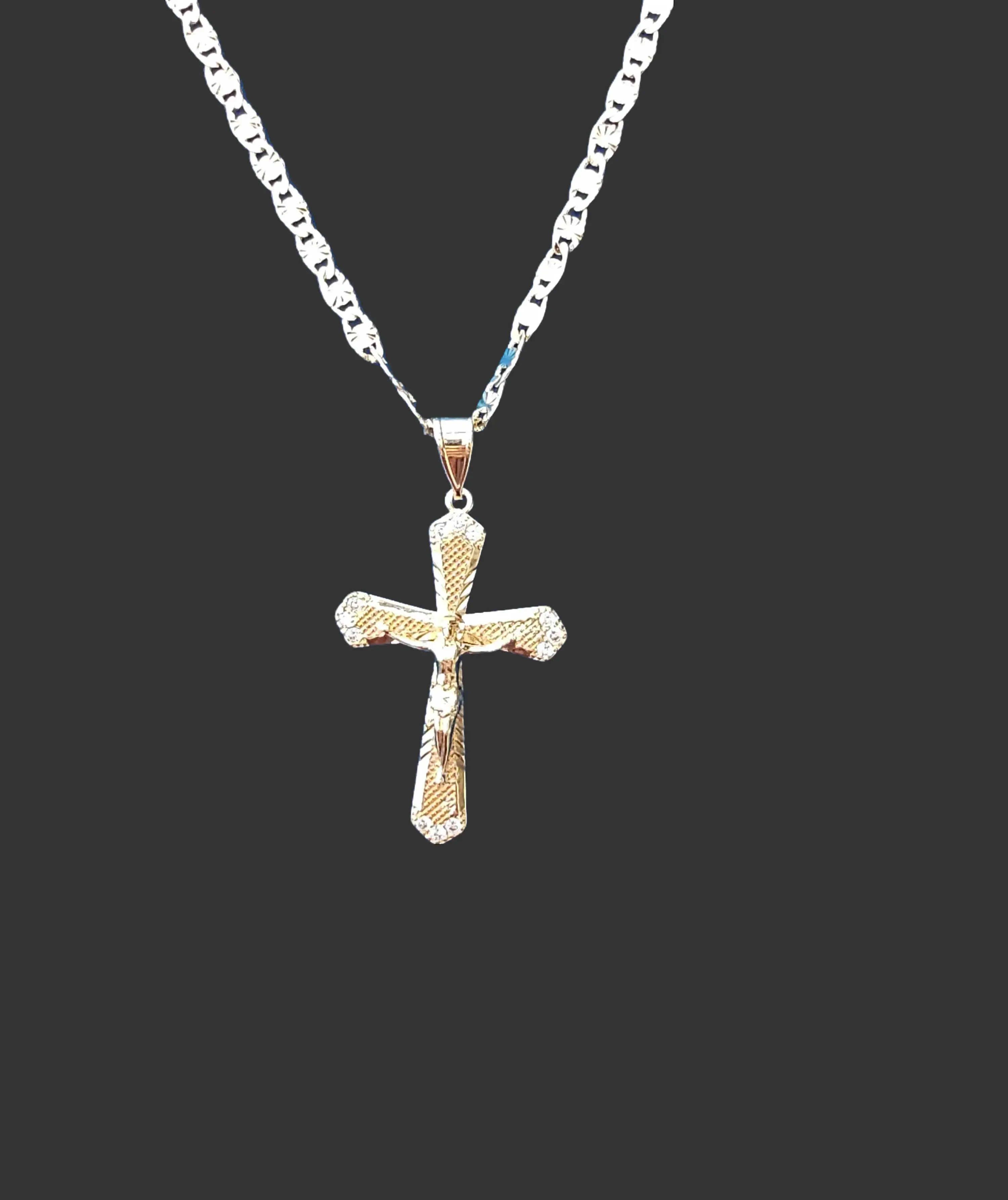 N97-Crucifix Pendant 18-inch 4mm diamond style Chain Necklace Copper Gold plated