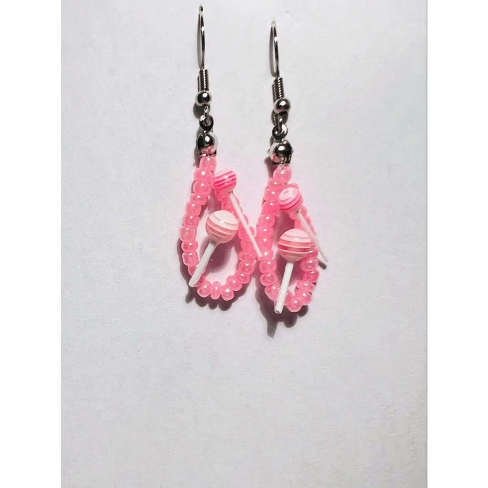 Strawberry Dreams Dangling Earrings with Adorable Miniature Lollipop Charms on Delicate Translucent Pink Beaded Hoop for Coquette Outfits