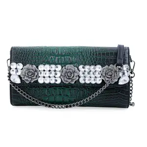 Green Crocodile Embossed Faux Leather Crystal Flower Crossbody Bag
