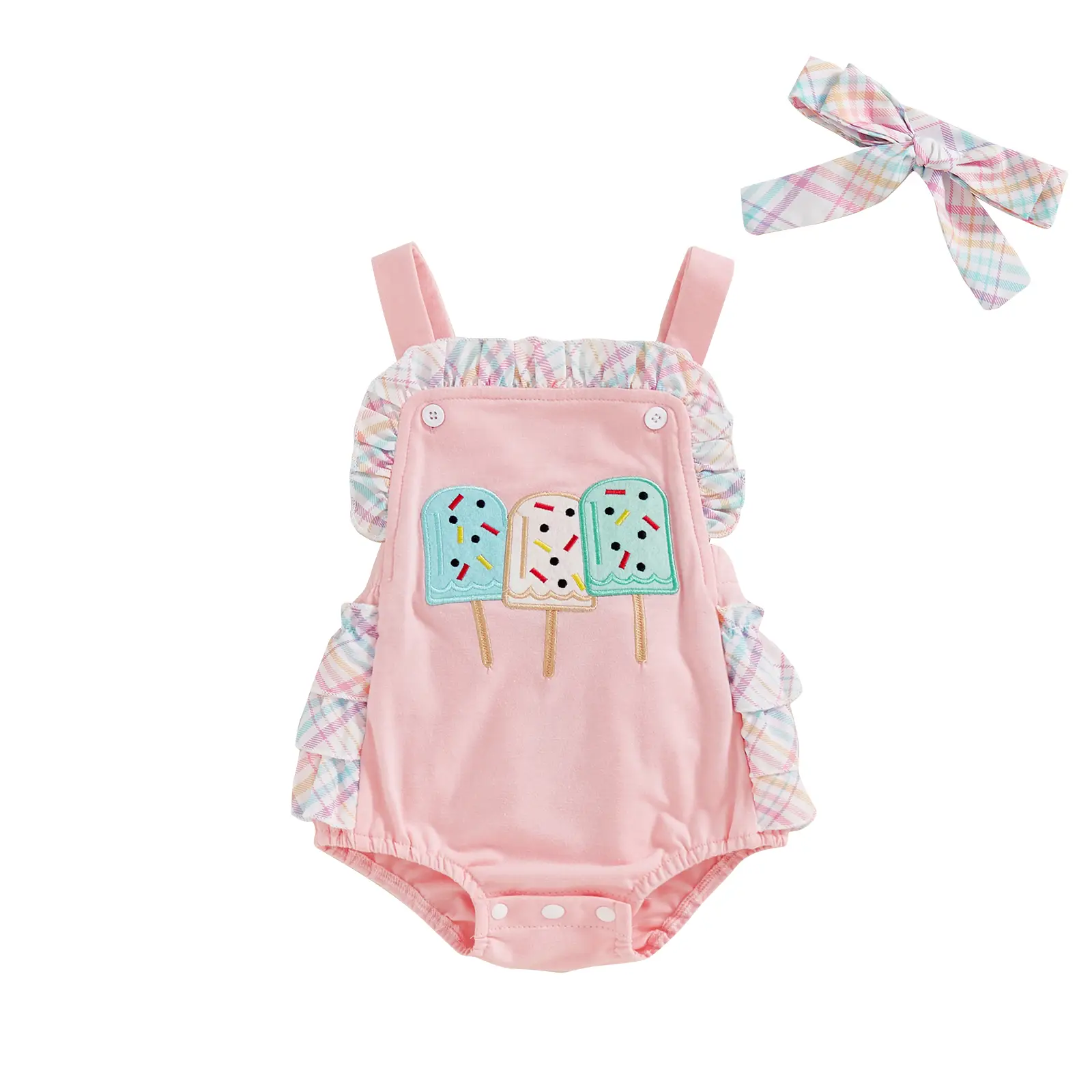 Infant Baby Girl Summer Clothes Sleeveless Ice Cream Patch Ruffle Tutu Romper Bodysuit with Headband Newborn Coming Home Outfit #Springtok