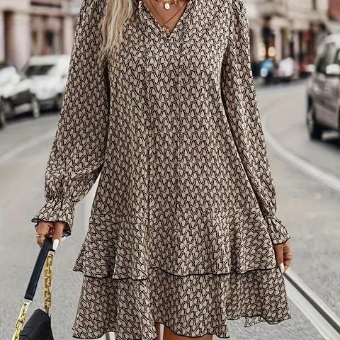 Plus Size All Over Print Frill Trim Tie Neck Ruffle Hem Dress, Boho Bohemian Style Casual, Plus Casual Flounce Sleeve Tiered Layer Hem Short Dress for Spring Fall, Women's Plus Long Sleeve Clothing for Daily Wear, Vintage Girly Clothes, Moo Moo Dresses