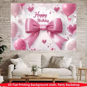 Pink Bow Birthday Party Background Banner - Pink and White Sparkling Bow Design, Suitable for Living Room, Bedroom, Office, Birthday, Anniversary and Home Decoration, Outdoor and Indoor Parties, Photography Background Cloth, Birthday Party Supplies