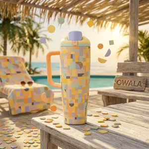 Owala FreeSip Tumbler 40oz Heavy-Duty Travel Mug, Special Rare Edition Moodboard Creative Soft Pastel Graphic Layout Stainless Steel Insulated Handle Cup