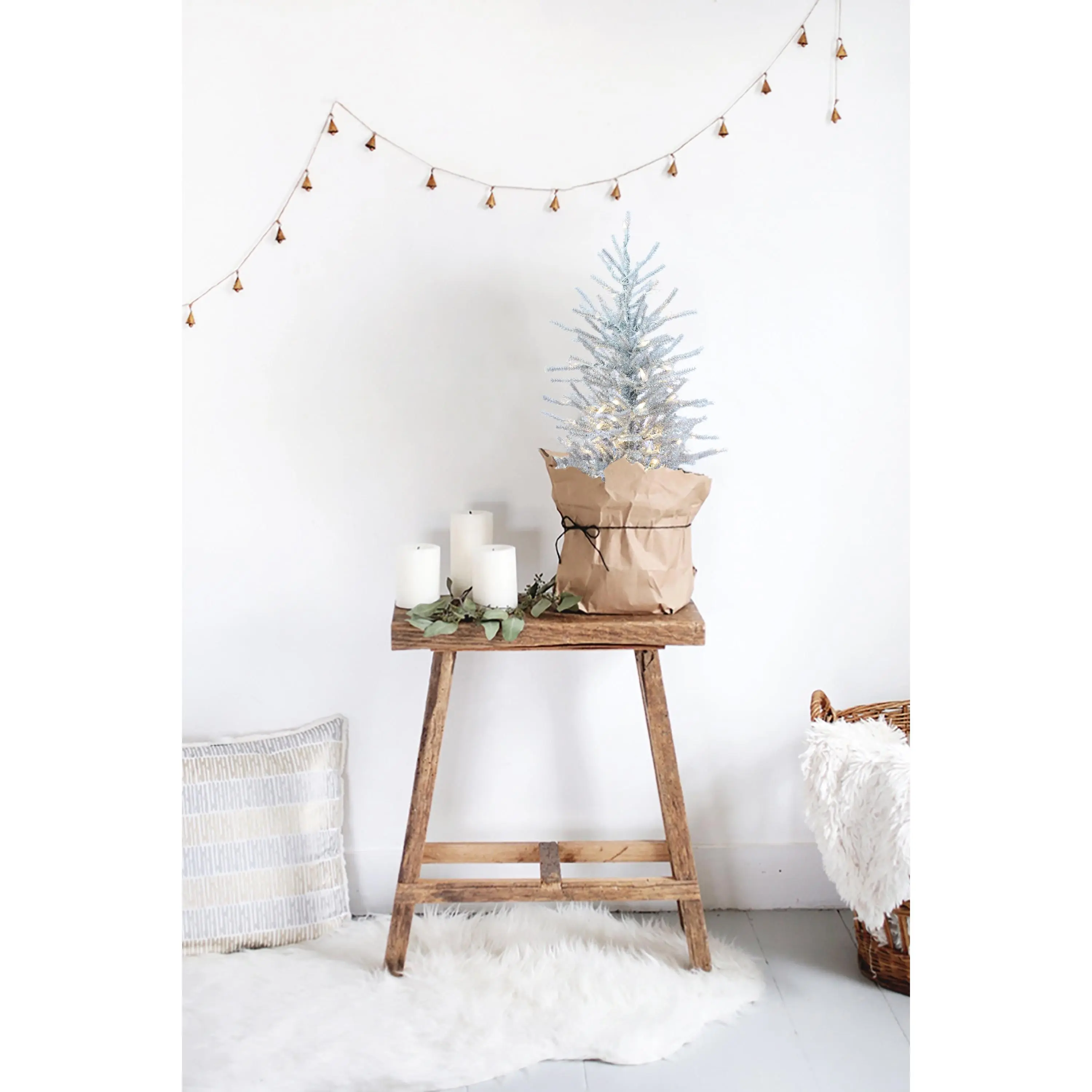 Perfect Holiday Pre-Lit Tinsel Christmas Tree Rustic Farmhouse Décor Burlap Base Warm White LED 2FT