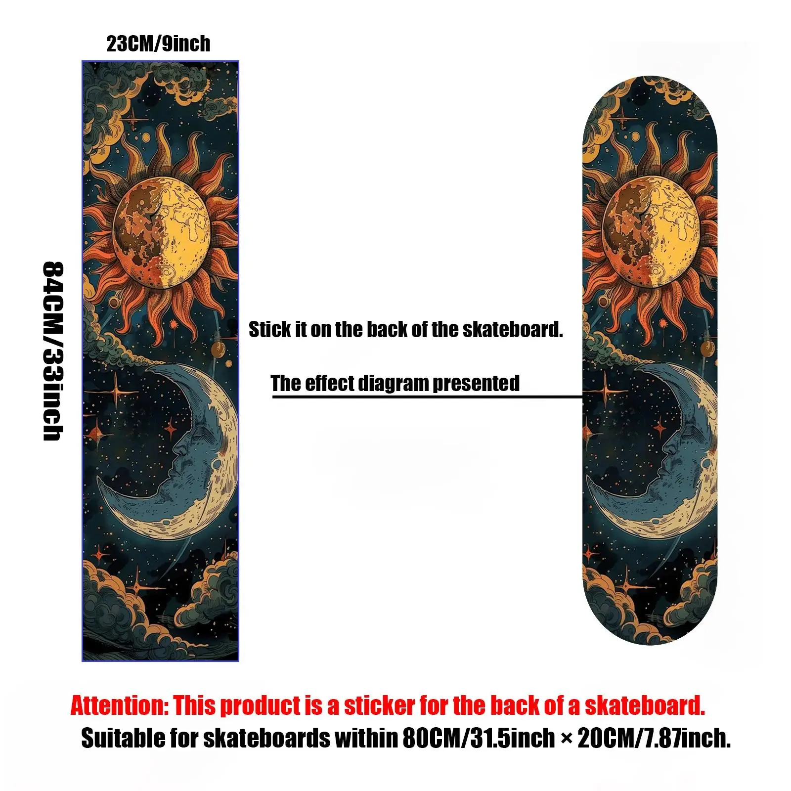 A 9×33 inch skateboard sticker with a unique visual appeal theme of the cosmic starry sky, including moon, sun, stars and