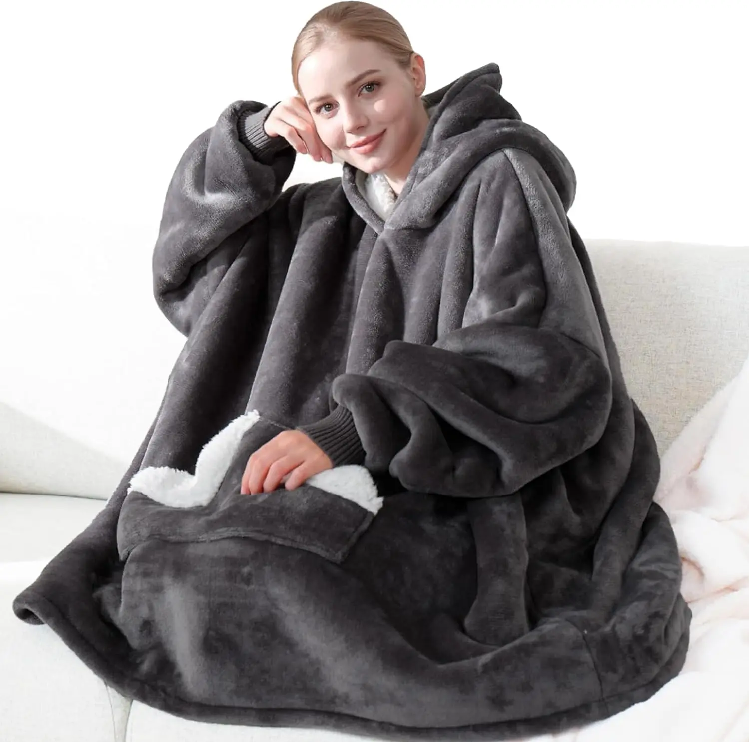 Wearable Blanket Hoodie,  Sherpa Fleece Sweatshirt Blanket with Giant Hood Pocket and Sleeves for Adult, Warm & Cozy Grey Blanket Gifts for Women