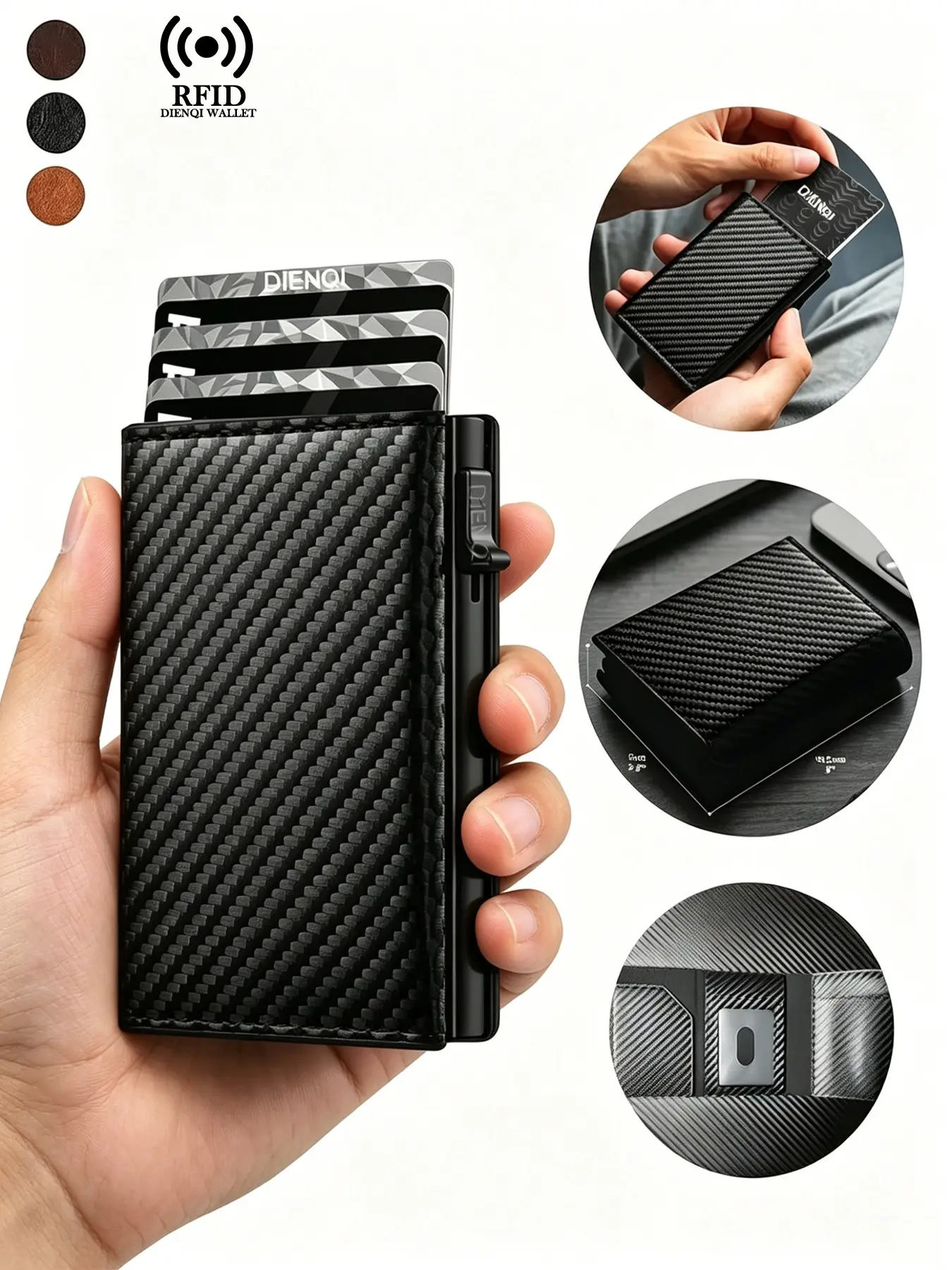 RFID Blocking Carbon Fiber Pop-Up Wallet, Slim Automatic Credit Card Holder, RFID Card Slots, Zipper Coin Pocket, Anti-Scan Minimalist Organizer for Men, RFID Theft Proof