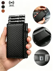 RFID Blocking Carbon Fiber Pop-Up Wallet, Slim Automatic Card Holder, RFID Card Slots, Zipper Coin Pocket, Anti-Scan Minimalist Organizer for Men, RFID Theft Proof