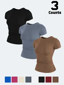Women's Sporty Short Sleeve Tee, Summer Fashion Versatile Yoga Top, Breathable Slim Fit Round Neck Gym Wear, Casual Plain Design, Athletic Yoga Tops