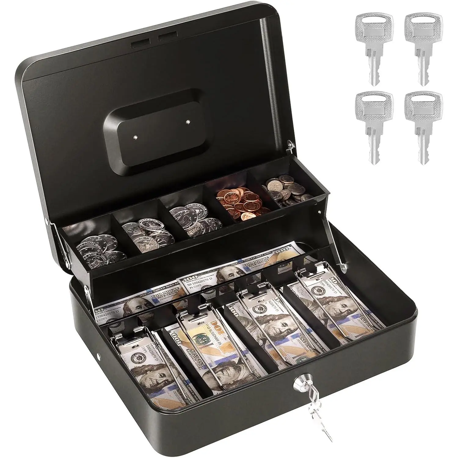 Box with  Tray and Lock, Metal  Box for  Register, Large  Lock Box for  Safe Includes 5 Slots  Tray, 4 Bill Slots, 4 , 11.8" x 9.4" x 3.54" Black