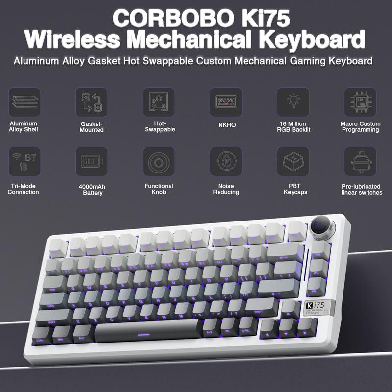 Solakaka Ki75 Aluminum Mechanical Wireless Gaming Keyboard, 75 Percent, Gasket Hot Swappable Switches, Side-Printed RGB Backlit Custom Keyboard with Knob Control , Tri-Mode 2.4GHz/USB-C/BT 5.0 for Office Computer PC Gaming Accessory dealsforyoudays