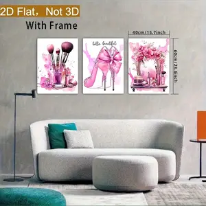 2D flat wooden frame decorative painting poster with 2D effect, 3-piece set, high-end fashion bathroom decoration, canvas wall art for powder room, stylish female portrait wall decor, painting, watercolor perfume, high heels, lipstick, beauty salon bathro