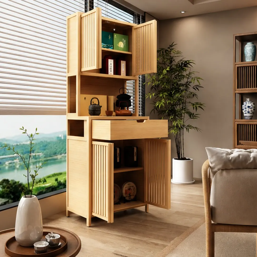 72-Inch Tall Bamboo Double-Door Storage Cabinet with Drawers, Natural Wood Color, High-Capacity Cupboard for Living Room, Dining Room, Bedroom, Bathroom, Hallway, Freestanding Floor Organizer, 1-2 Drawers, 15.28 W x 27.01 D x 72.72 H Inches