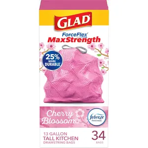 Tall Kitchen Trash Bags 13 Gallon ForceFlex MaxStrength Cherry Blossom Scent 34 Count, Tear-Resistant Eco-Friendly Drawstring. (Pack of 1)