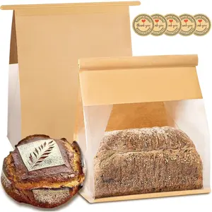 Heavy Duty Large Paper Bread Bags with Tin Tie Tab Lock, 50pcs Loaf Bags with Clear Front Window, Storage Packaging Treat Bags for Bakery Cafe Homemade Bread, Size 10.6” × 4.3” × 8.7”