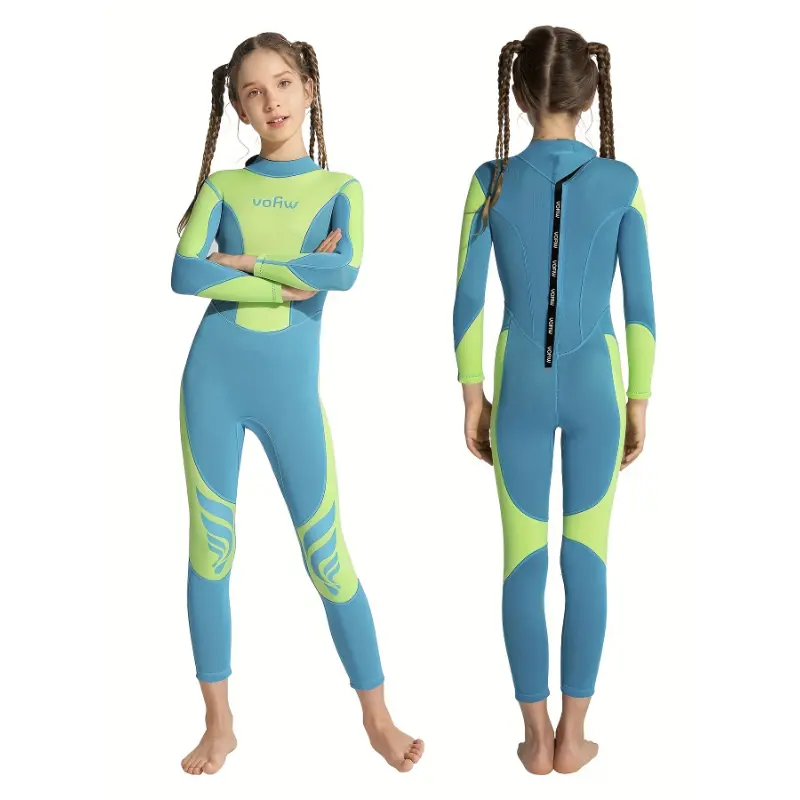 Unisex Kids' 3mm Neoprene Colorblock Crew Neck Long-Sleeve Thermal Wetsuit with Zipper, 90% Neoprene 10% Nylon Colorblock Swimsuit for 8y-12y Beach Surfing, Swimming