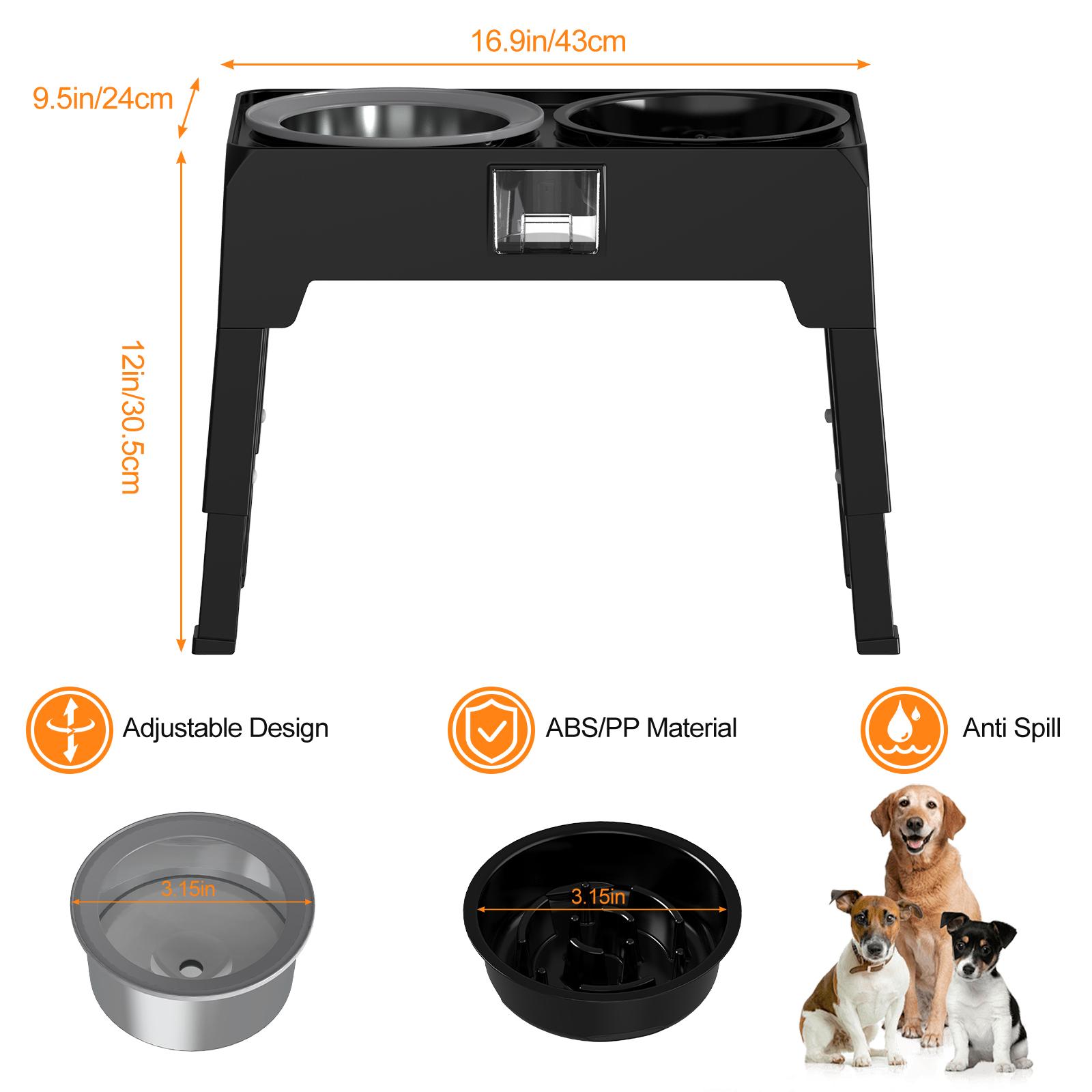 4 Height Adjustable Raised Dog Bowl Stand with Slow Feeder & No-Spill Water Bowl | Foldable Design | Elevated Feeder for All Dog Sizes