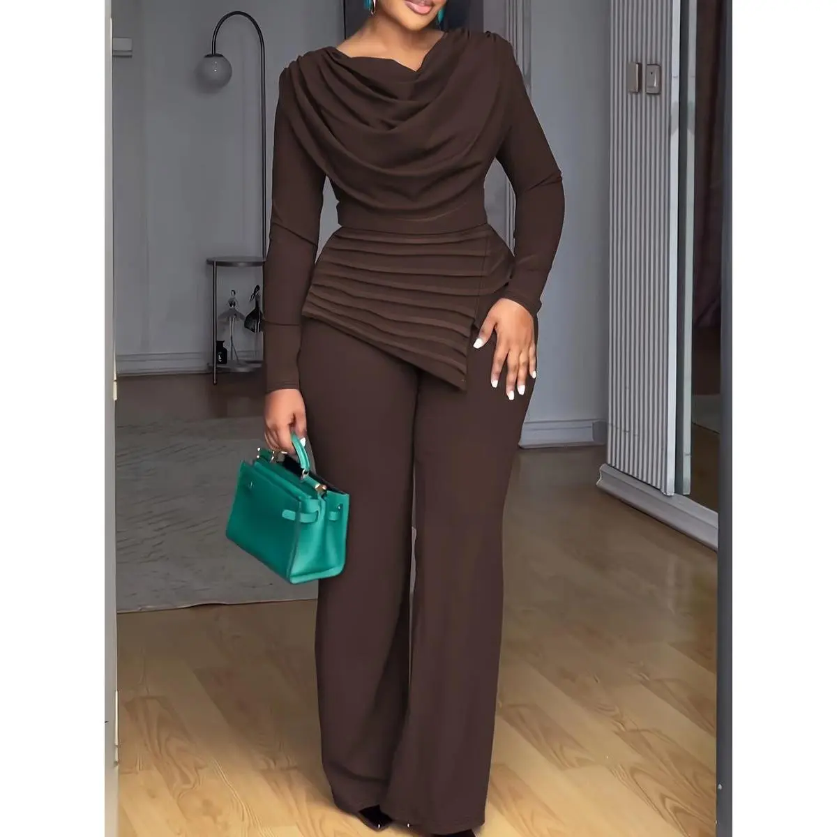 Chic Night Out Fit Long Sleeve Jumpsuit, Vintage Style Ruffled Irregular Hem, Striped Pattern, Fall & Winter Fashion, One Piece, Streetwear, Versatile, Comfort, Wear, Outfit, Essential, Trendy, PartyReady, VacationStyle
