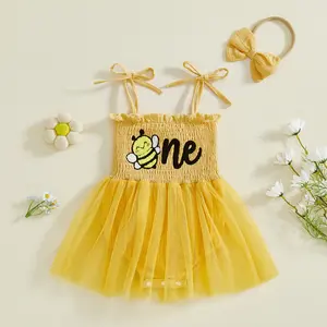 Baby Girl Tulle Romper Dress Fashionable Cute Bee Embroidery Sleeveless Smocked Jumpsuit with Headband