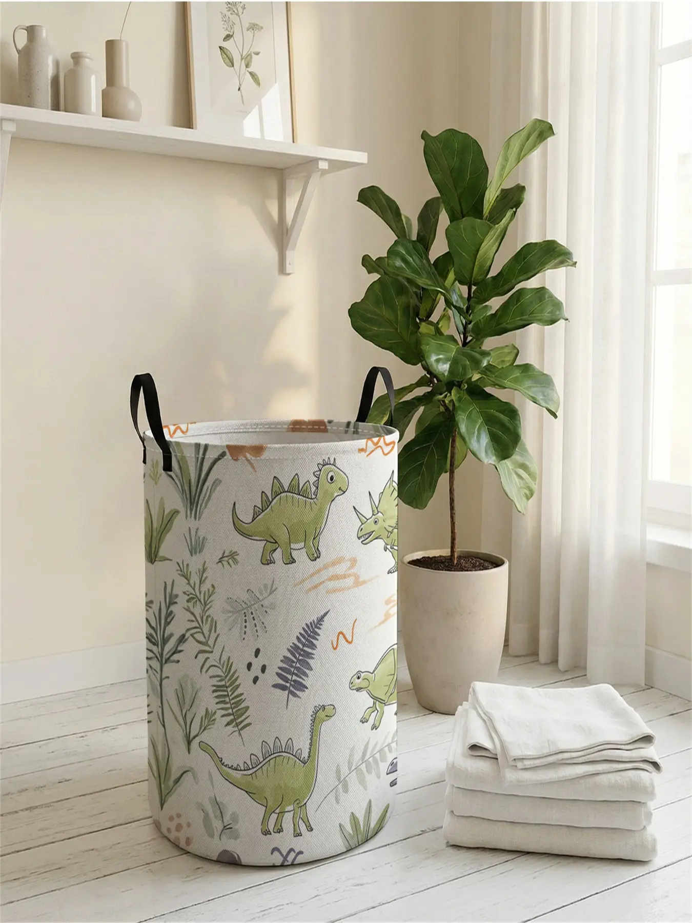 1 piece of 2D printed open storage box with dinosaur and plant pattern, double handle reinforcement + foldable storage | dirty laundry storage/toy organization/home decoration all-in-one