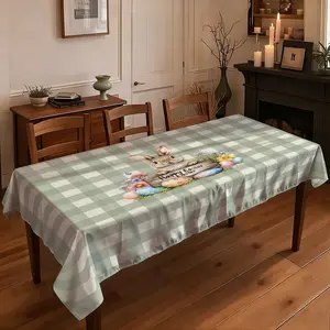 JIT+1pcs 2D flat printed tablecloth  Happy Easter Plaid Tablecloth, Cute Rabbit & Egg Printed Table Cover, Festive Holiday Decor for Home Dining Table