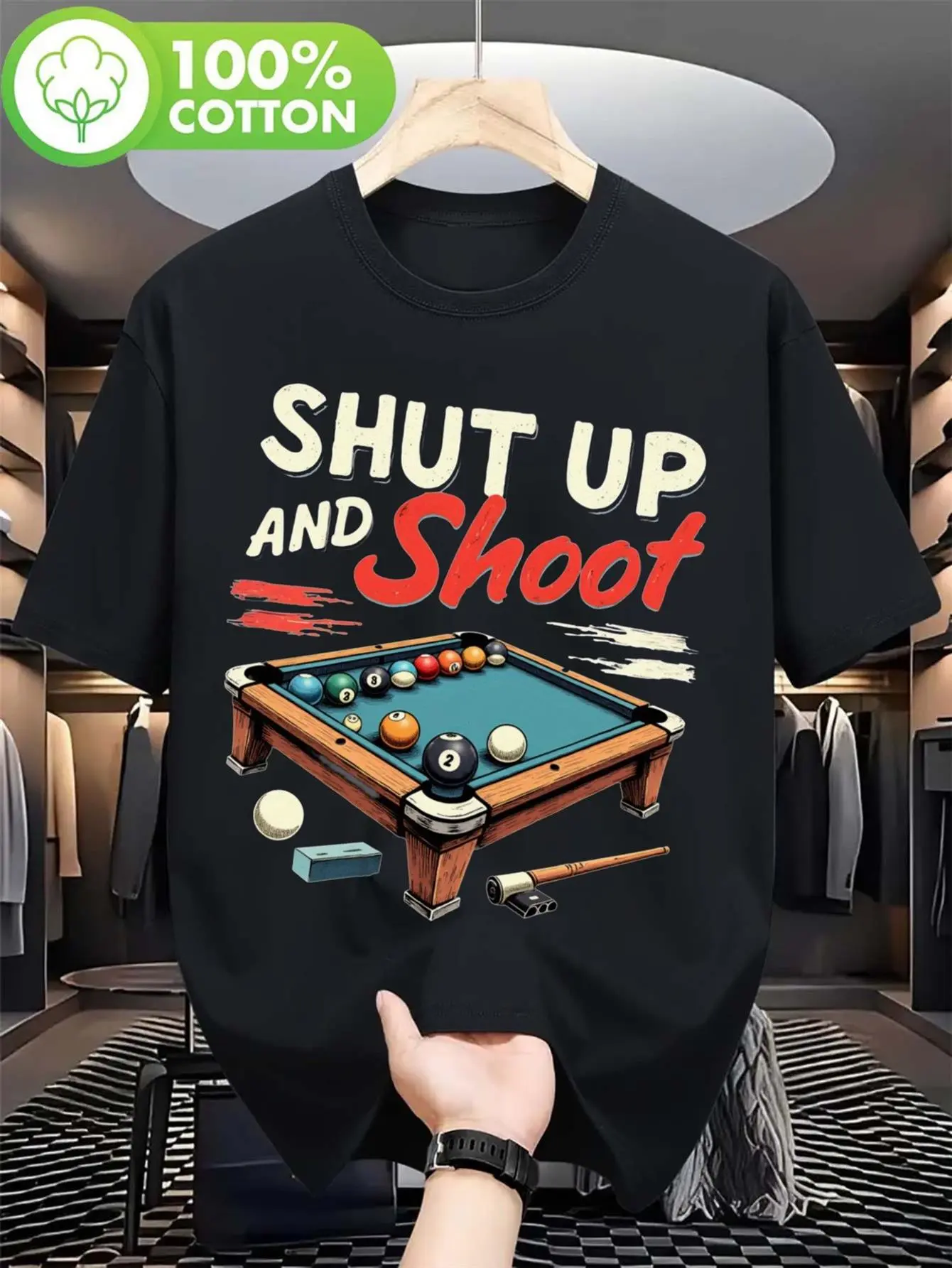 Men'S Funny Pool Graphic T-Shirt - Shut Up And Shoot Billiards Design with Cartoon Pool Table & Balls - Black Tee with Red & Lettering - Loose Fit Casual Shirt For, Plus Size
