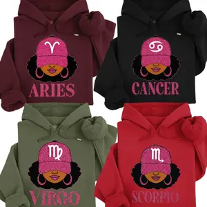 [Full 12 Zodiac] Zodiac Vibes Hoodie – Afro Woman Astrology Sign Pullover with Sparkly Hat Graphic, Unisex Horoscope Crewneck Gift for Aries, Virgo & Zodiac Lovers, Trendy Aesthetic Sweater, Gift For Her For Him 66M