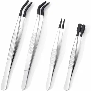4 Pcs Rubber Tip Tweezers Set, Non-Scratch PVC Coated Tips - Fine Point, Flat & Bent Head Tweezers for Crafts, Jewelry Making, Electronics, Eyelash Extensions
