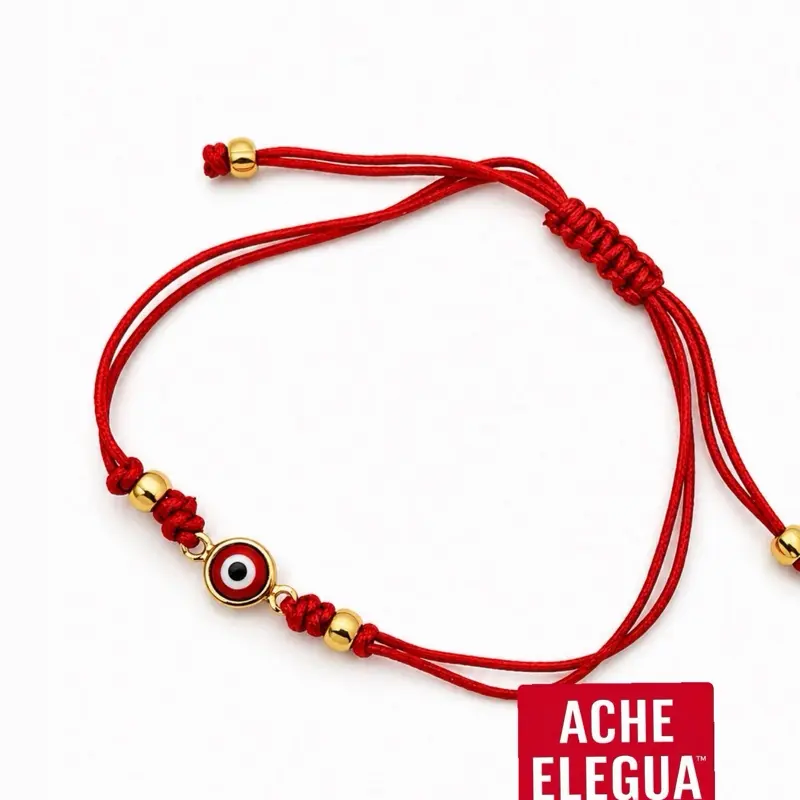 Ache Elegua Red String Bracelet with Gold Beads and Evil Eye Red Charm for Protection and Style