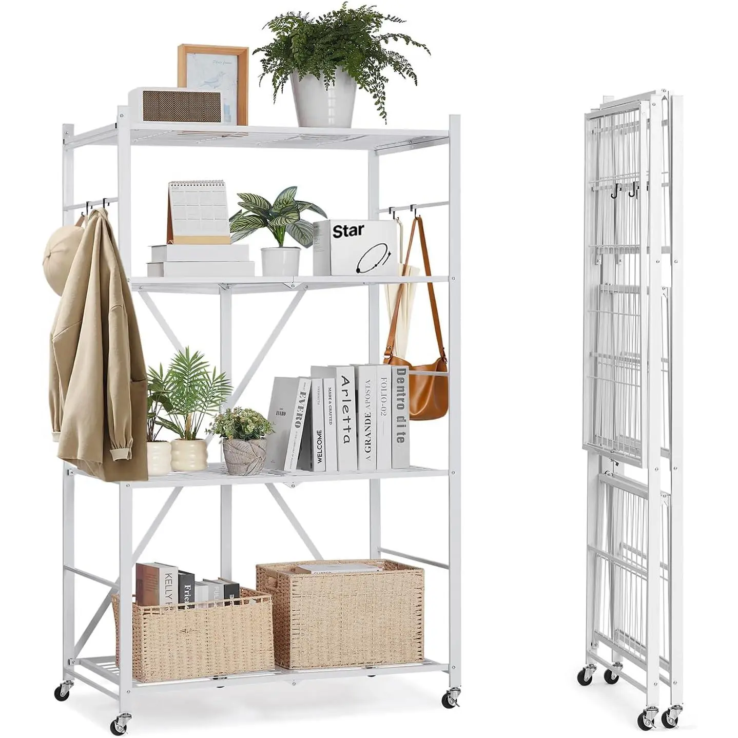 VEVOR 4-Tier Foldable Storage Shelf, 36W x 21D x 60 H Inch Folding Metal Rack Shelving Unit, No Assembly Organizer Shelf with 5 Wheels & 4 Hooks for Pantry, Kitchen, Garage, Basement, White