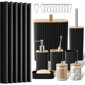 Bathroom Accessories Set - Black Bathroom Set, 22PCS Bathroom Accessory Set, Functional Shower Curtain Set withTrash Can, Toilet Brush Holder Set & Soap Dispenser for Home Decor