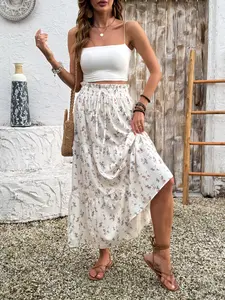 Women's Floral Long Maxi Dress, Boho Casual Aesthetic Drawstring Design, Elastic Waist, Pleated Skirt Hem, Spring & Fall Fashion, Bohemian