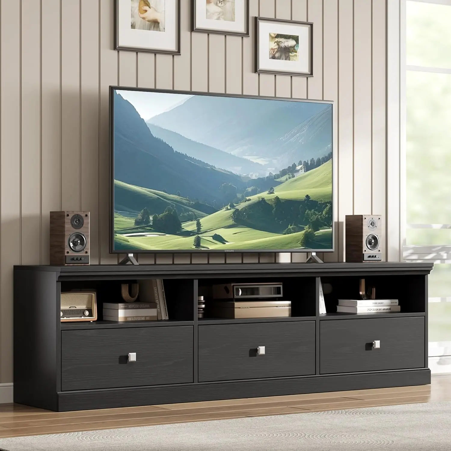 70 Inch Black TV Stand Console Entertainment Center with Storage Drawers and Open Shelves for Living Room and Bedroom