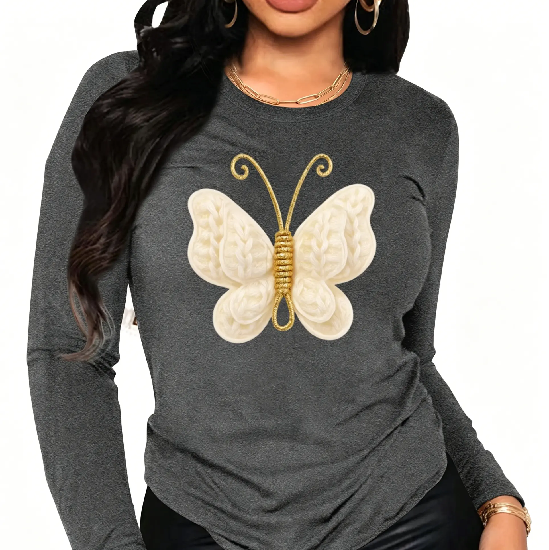 Women's Classic Blue Butterfly Graphic Long-Sleeve Polyester Pullover Sweatshirt - Casual Streetwear, Comfortable Stretchy Fit, for Lady, Thanksgiving, Valentines Day