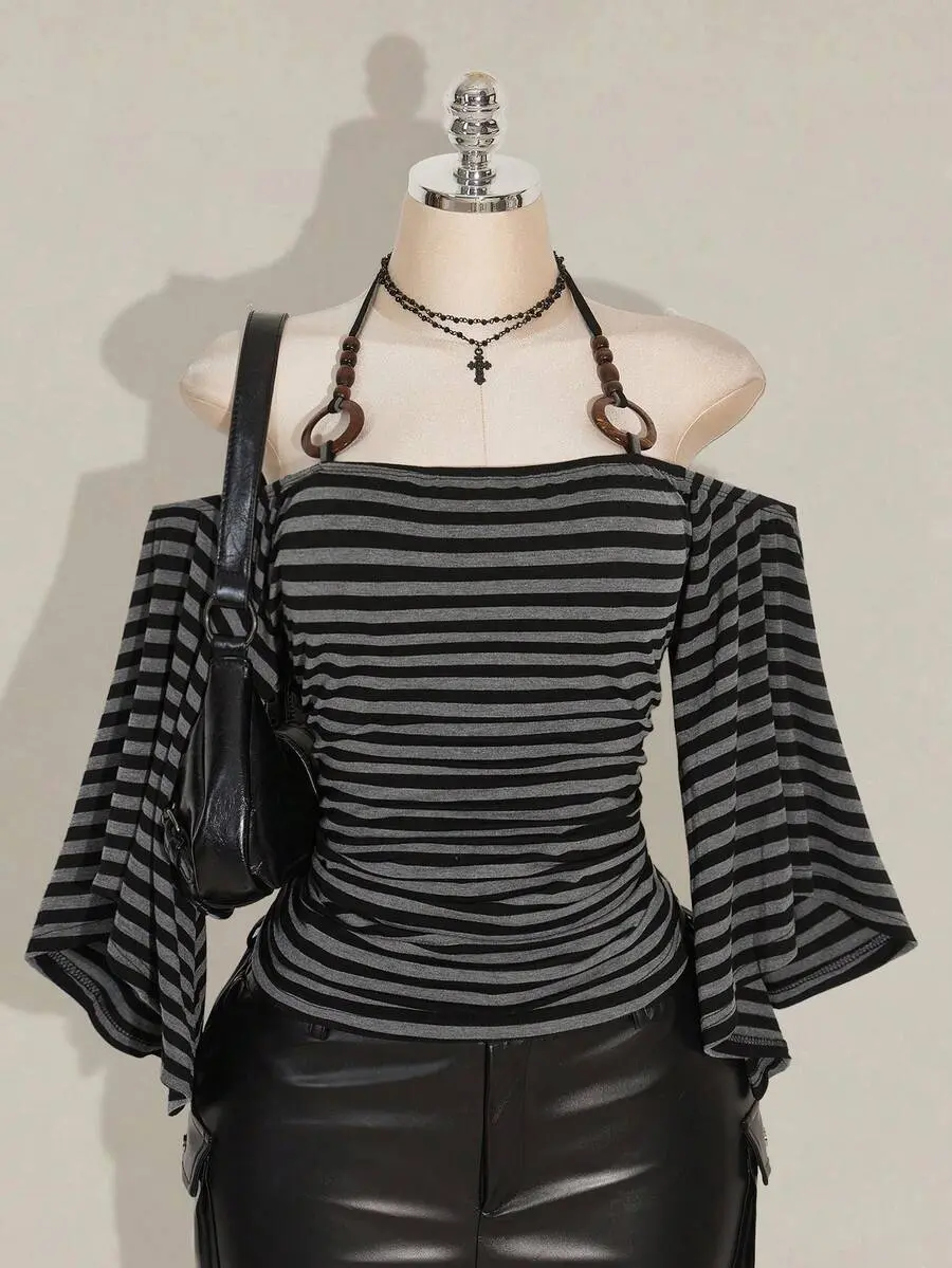 Plus Size Women Y2K Retro Striped Off-Shoulder Flare Sleeve Halter Neck Fashionable Shirt, Avant-Garde, Streetwear, Casual Knit Top