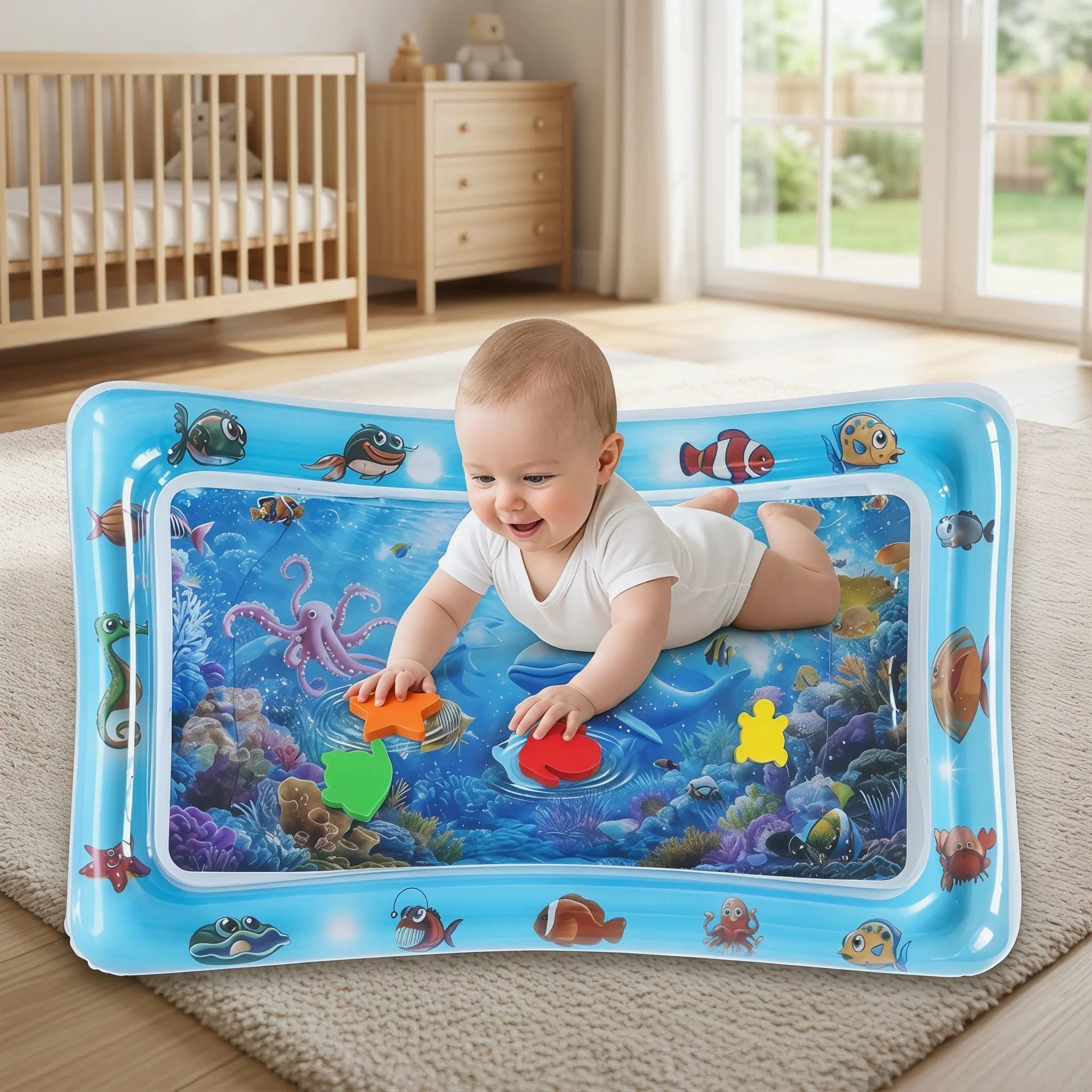 Tummy Time Water Mat for Babies, 39.37"×23.62" Large Ocean Themed Sensory Play Mat