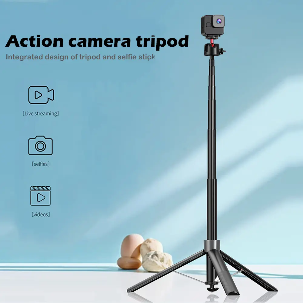 Auto-Deploying Extendable Selfie Stick Tripod Vlogging Tripod for Action Cameras with 360° Rotating Head - 1/4” Thread, Cold Shoe Mount, Compatible with GoPro/DJI/Insta360