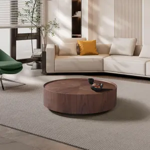 39.3''Mid Centry Round Coffee Table for Living Room Modern Circle Couch Table with Walnut Colored Wood French Country Sofa Table for Home Office Apartment
