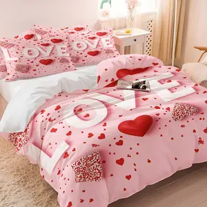 Pink Romantic LOVE Heart Theme Duvet Cover Set, Including 1 Duvet Cover & 1-2 Pillowcases, Lconic Red Hearts & Sprinkle Cookies, Romantic Bedroom Decor for Couples, Cozy Gift for Couples